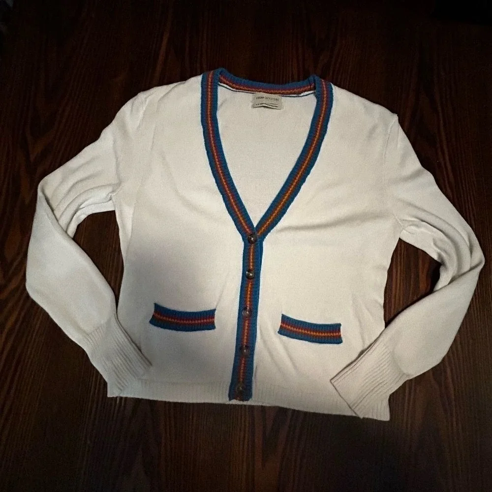 Urban Outfitters Cardigan Sweater Womens Small‎ S White Contrast Trim V-Neck